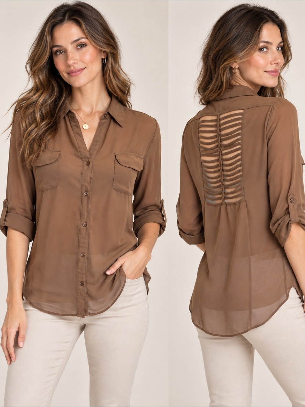 Seductions Brown Chiffon Button Down Blouse Sheer Cutout Back Roll Tab Sleeve L